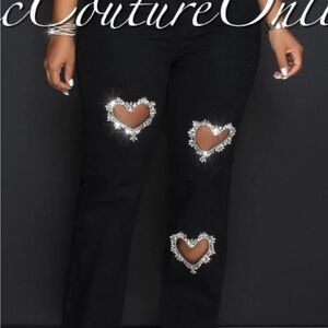 Rhinestone heart cutout jeans